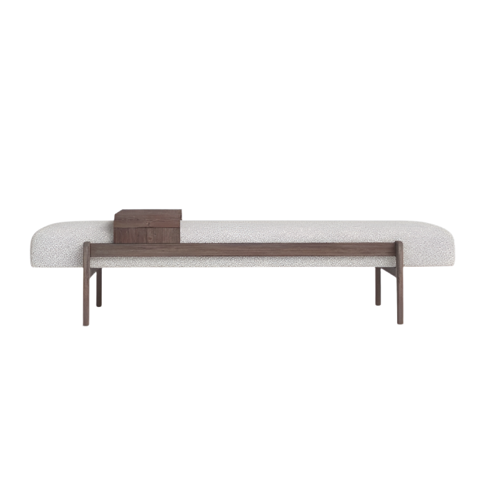 59-inch backless bench upholstered in off-white boucle with rounded ends, supported by a low solid wood frame and legs in a warm walnut finish, featuring an integrated rectangular wooden tray/storage box on one end.