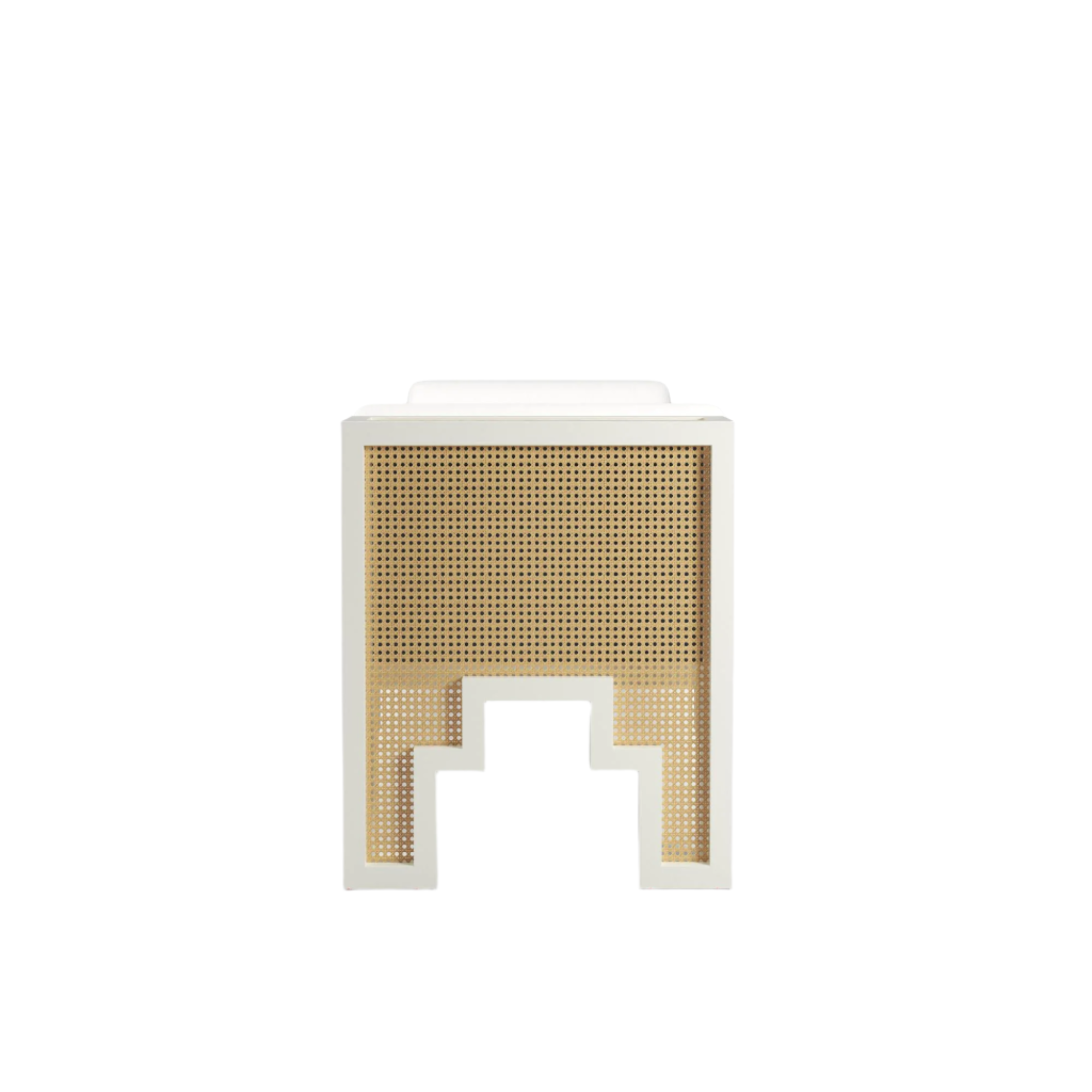 Front view of a 75-inch white wood end-of-bed bench with a cushioned white upholstered top and natural woven rattan cane front panel featuring a stepped cutout base in a boho-scandinavian style.