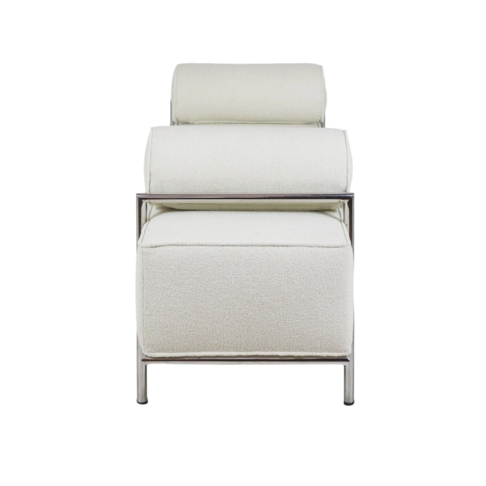 Front view of a modern end-of-bed bench upholstered in white boucle fabric, with stacked rounded cushions and a slim stainless-steel tubular frame and exposed legs.