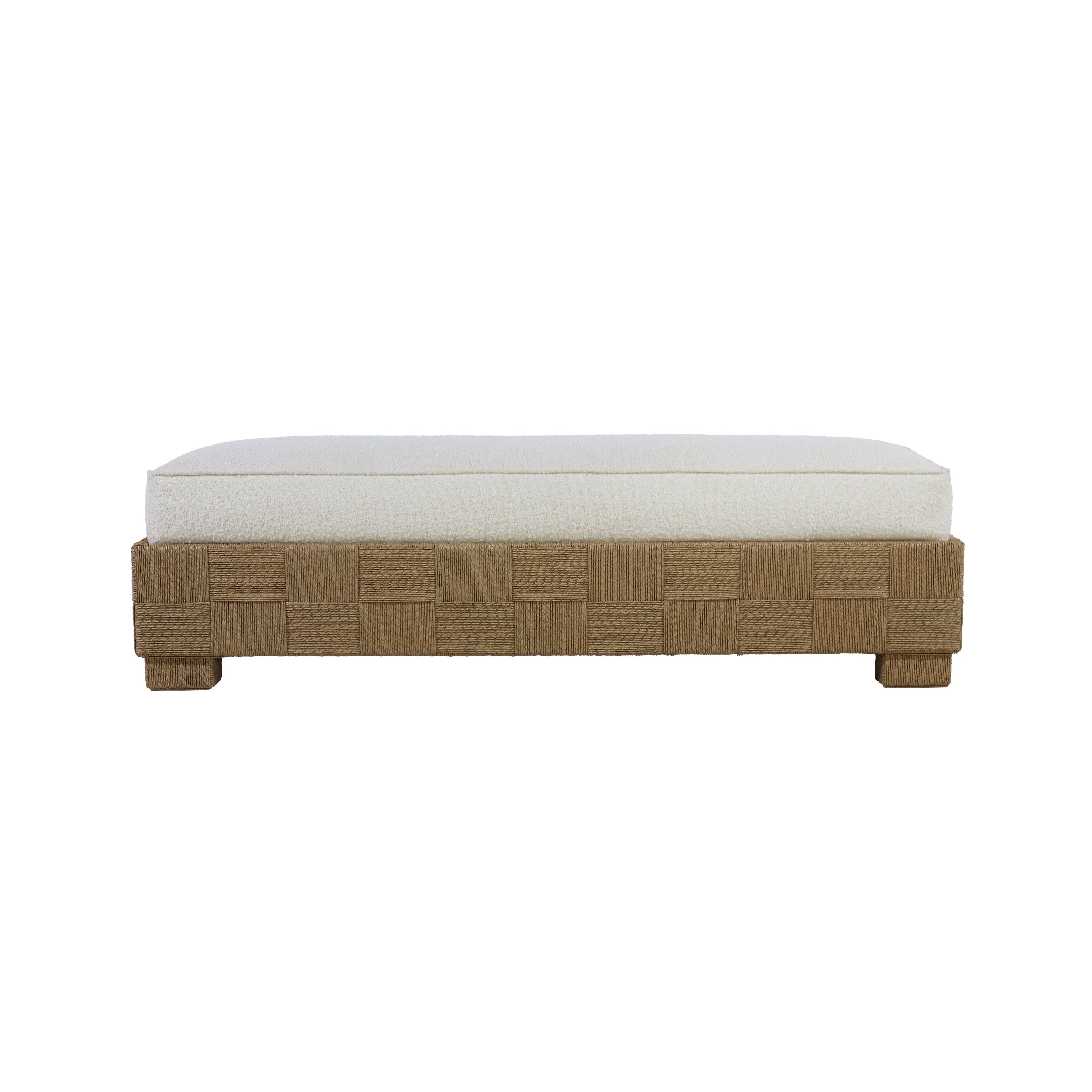 75-inch end-of-bed bench with an ivory boucle upholstered cushion on a woven natural seagrass wooden base with low block legs, shown on a white background.