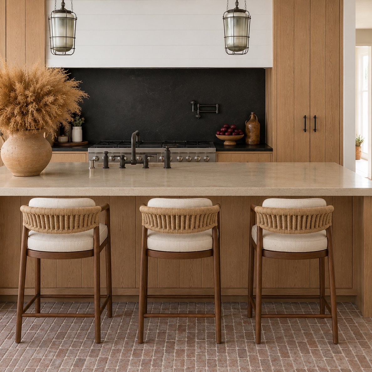 Paros Walnut Rope-Backed & Upholstered Bar & Counter Stool