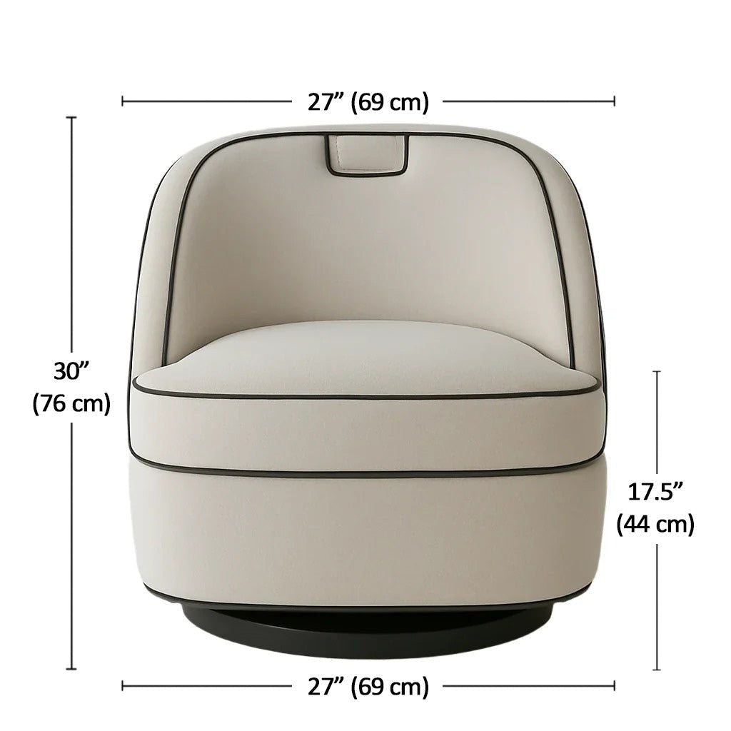 Front view of a modern cream fabric swivel lounge chair with black contrast piping, rounded barrel back and cushioned seat on a black swivel base; measurement callouts indicate 27 inches wide, 30 inches high and 17.5 inches seat height.