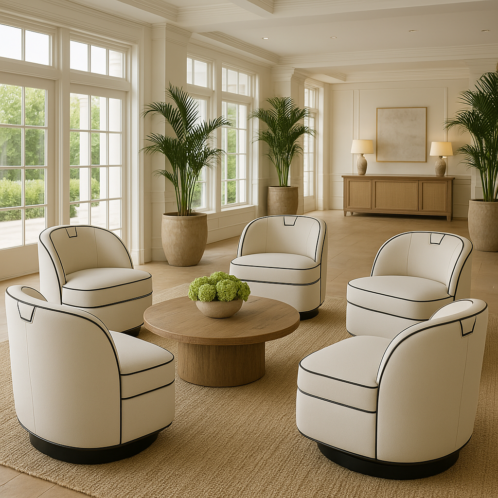 Five cream fabric swivel chairs with black piping arranged around a round wood coffee table with a green floral centerpiece in a bright modern living room with large windows, potted palms, and a neutral rug.