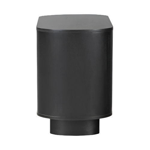 Black solid wood drum nightstand with a smooth rounded front, flat top surface, and low circular plinth base in a modern minimalist style.