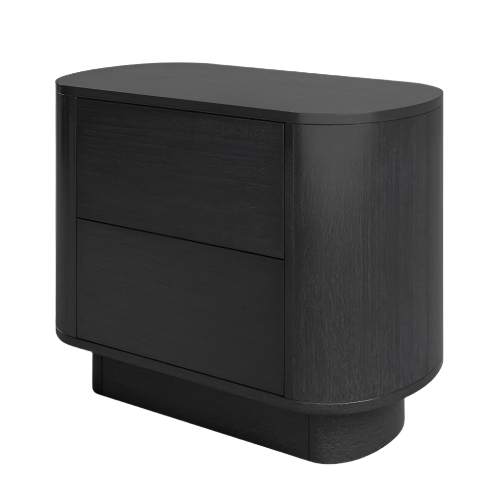 Black solid wood two-drawer nightstand with rounded edges, seamless drawer fronts and a recessed pedestal base in a modern, minimalist style.