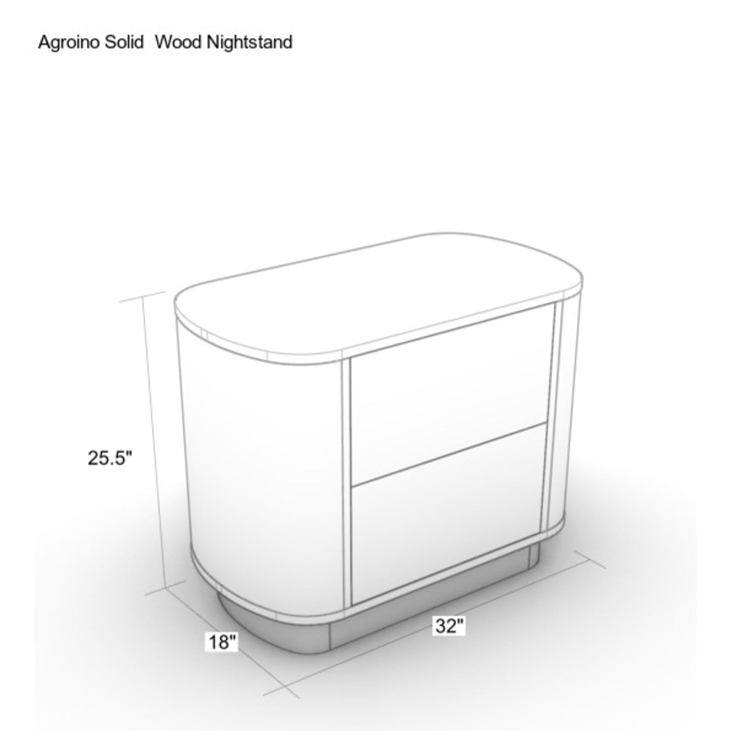 Technical line drawing of a rounded two-drawer black solid wood nightstand with a metal pedestal base, shown with dimensions 25.5" H x 32" W x 18" D.