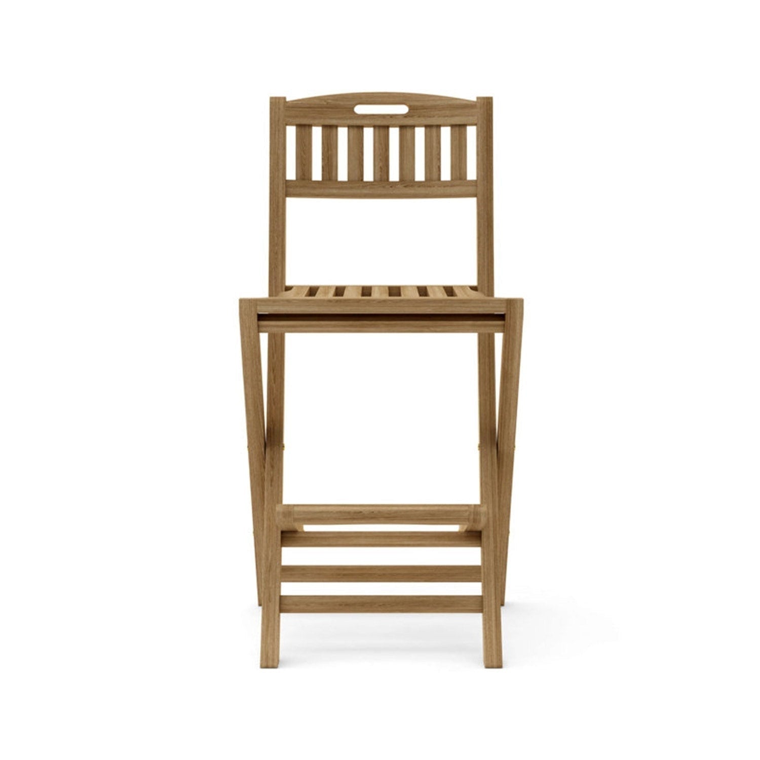 Front view of an armless folding teak outdoor bar stool with slatted seat and back, natural teak finish, integrated slatted footrest and coastal solid-wood construction.