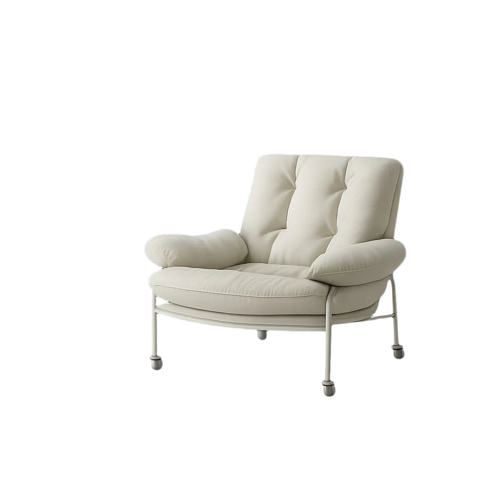 Modern cream leather lounge chair with tufted padded back, plush rounded arm cushions and a slender steel frame with chrome-finish legs and capped feet.