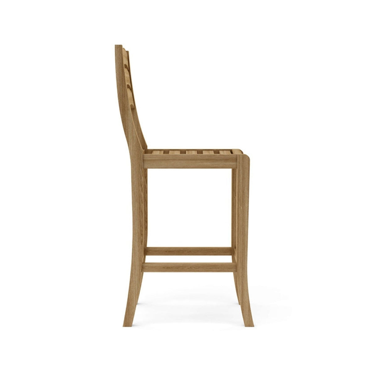 Side profile of an armless teak outdoor bar stool with slatted seat and back, gently curved legs and an integrated footrest, finished in natural teak for coastal outdoor seating.