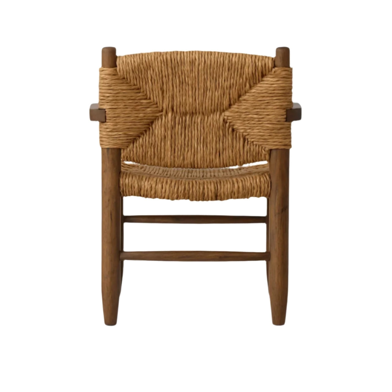 Front view of a rustic dining chair with a natural woven seat and back on a brown solid wood frame, tapered legs and horizontal stretchers