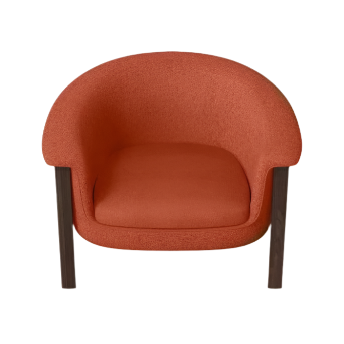 Front view of a modern orange fabric-upholstered accent chair with a curved back, cushioned seat and dark wooden legs.