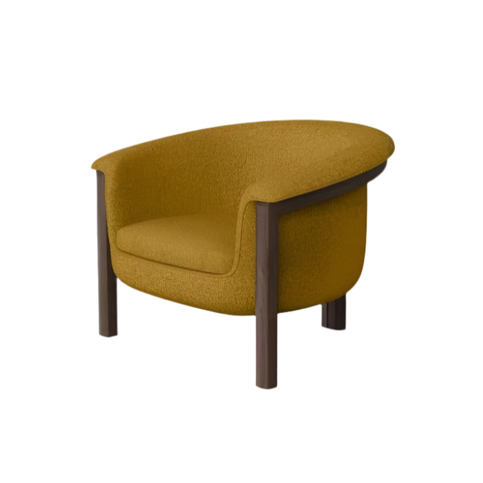 Modern curved accent chair upholstered in textured orange fabric with a cushioned seat and exposed dark wood frame and legs, shown on a white background.