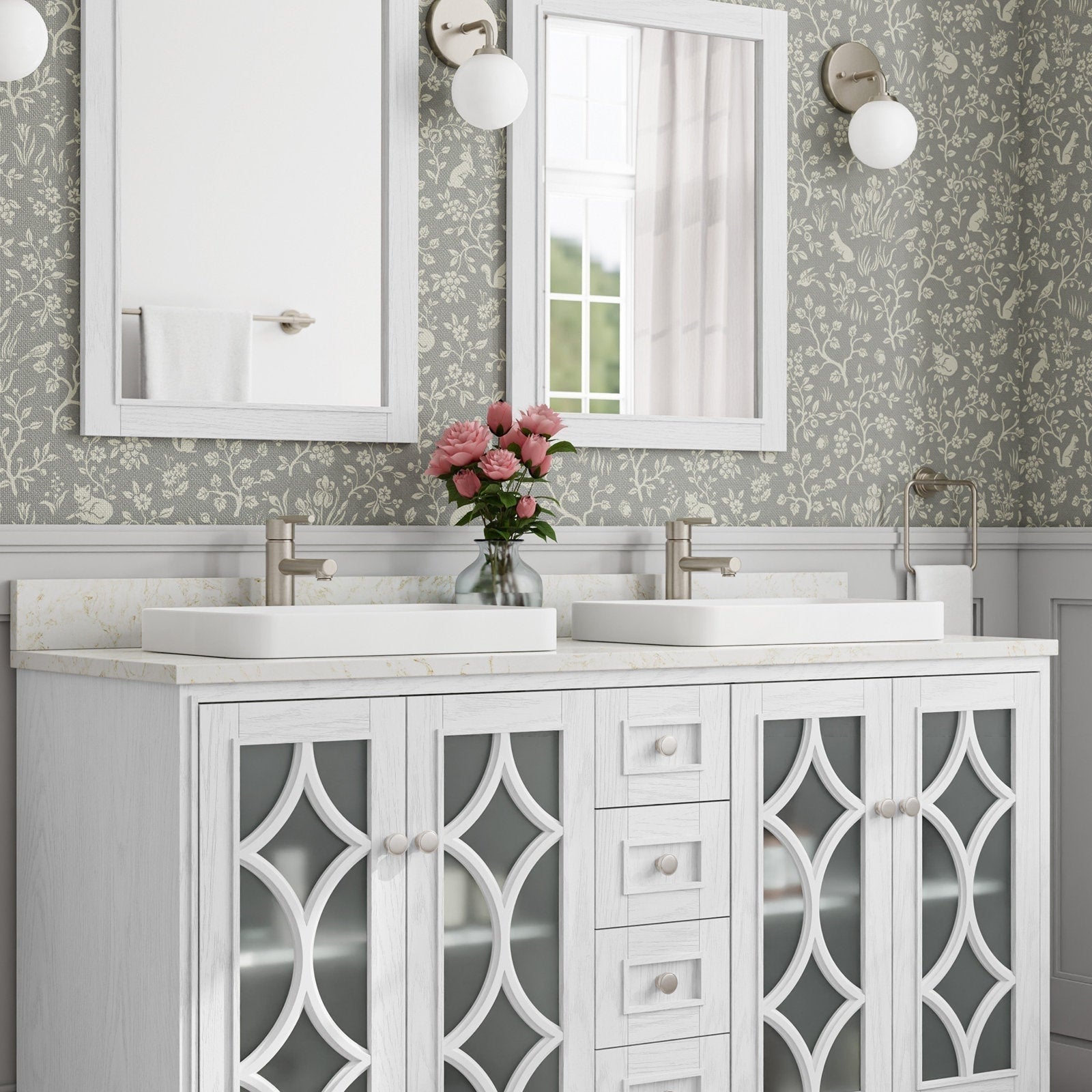 Modern freestanding 60-inch white solid-wood bathroom vanity with stone countertop, two rectangular white vessel sinks, brushed-nickel faucets, frosted glass doors with decorative lattice and twin mirrors over floral wallpaper.