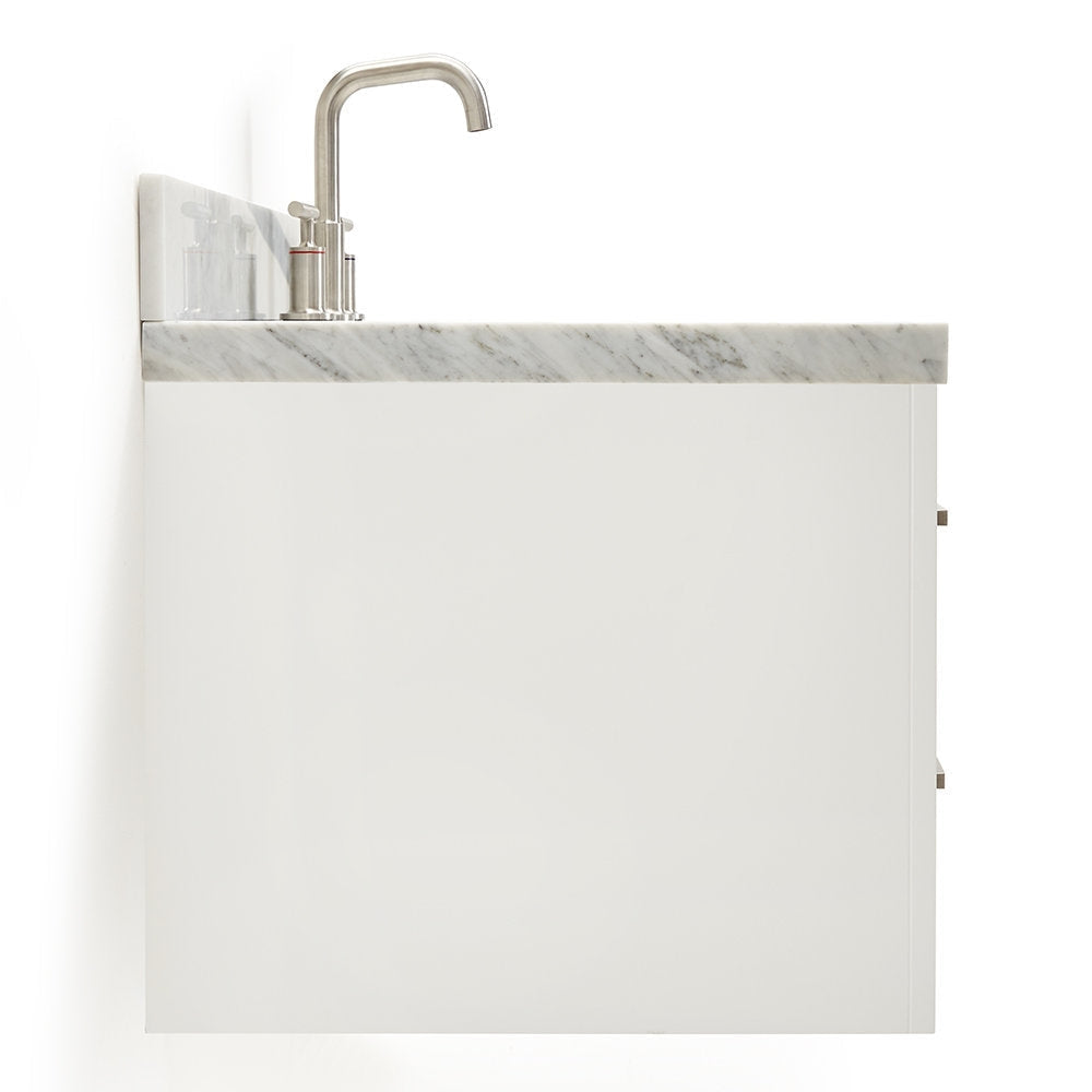 Side view of a 37-inch modern bathroom vanity with a stone marble-look countertop and short backsplash, white painted wooden cabinet and brushed-nickel single-handle faucet.