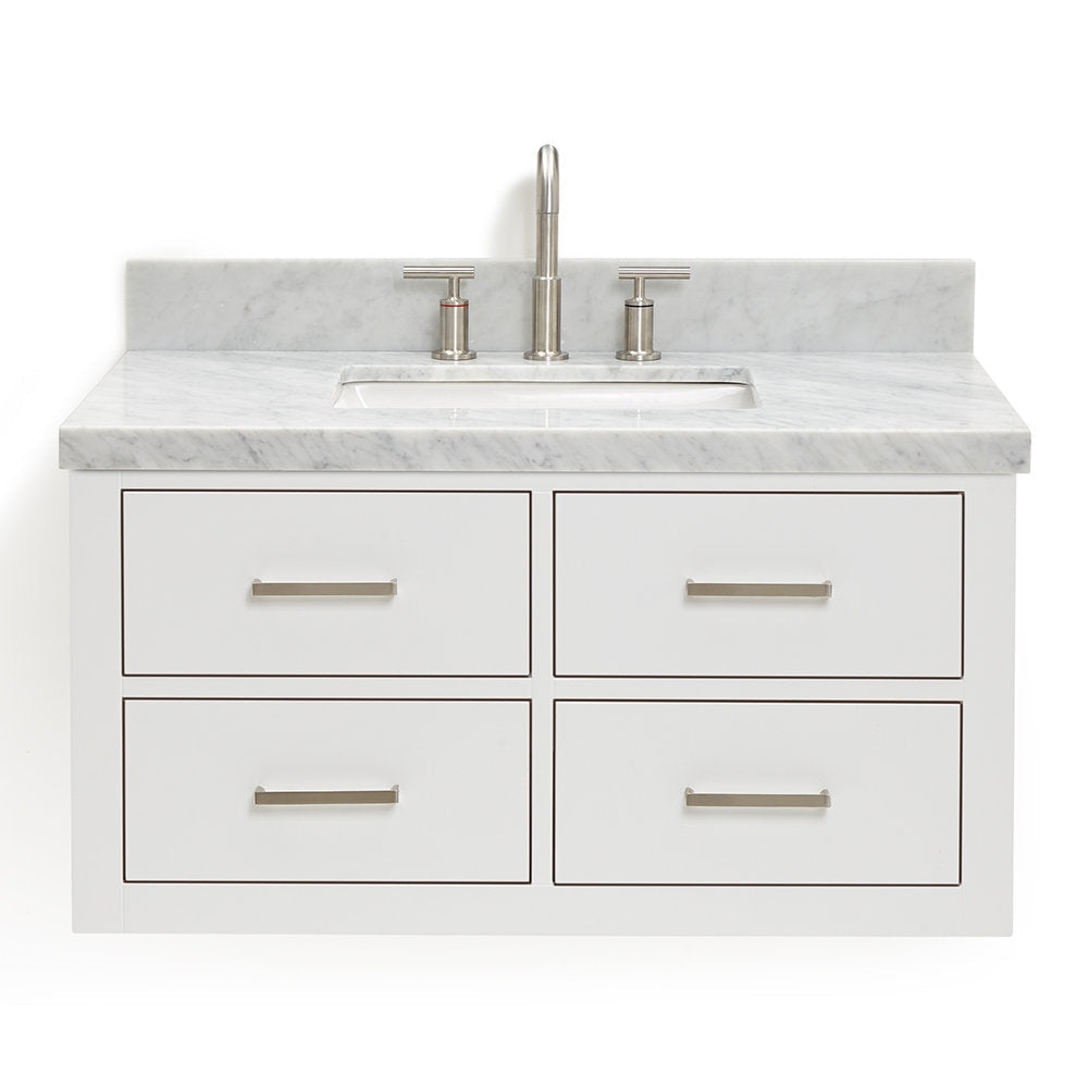 37-inch modern single-sink solid wood vanity in stone finish with a marble-look stone countertop, integrated rectangular ceramic sink, four drawer fronts with brushed-nickel pulls, and a center brushed-nickel faucet.