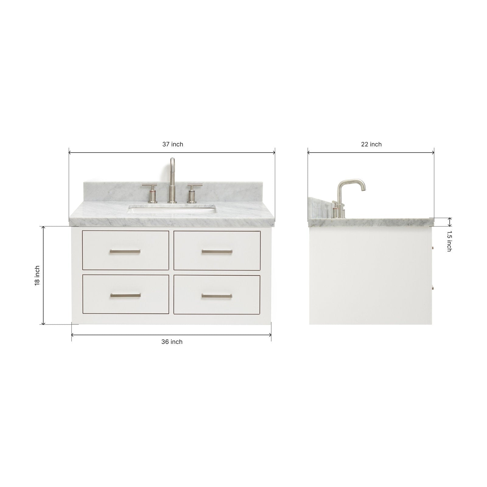 Front and side views of a 37-inch modern solid wood bathroom vanity with stone countertop and integrated rectangular sink, brushed-nickel faucet and four-drawer white cabinet; dimensions marked.