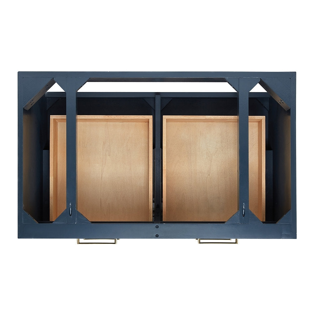Top-down view of a modern stone-colored solid wood bathroom vanity frame revealing internal supports, two natural wood drawer boxes and visible brass-finish drawer pulls.