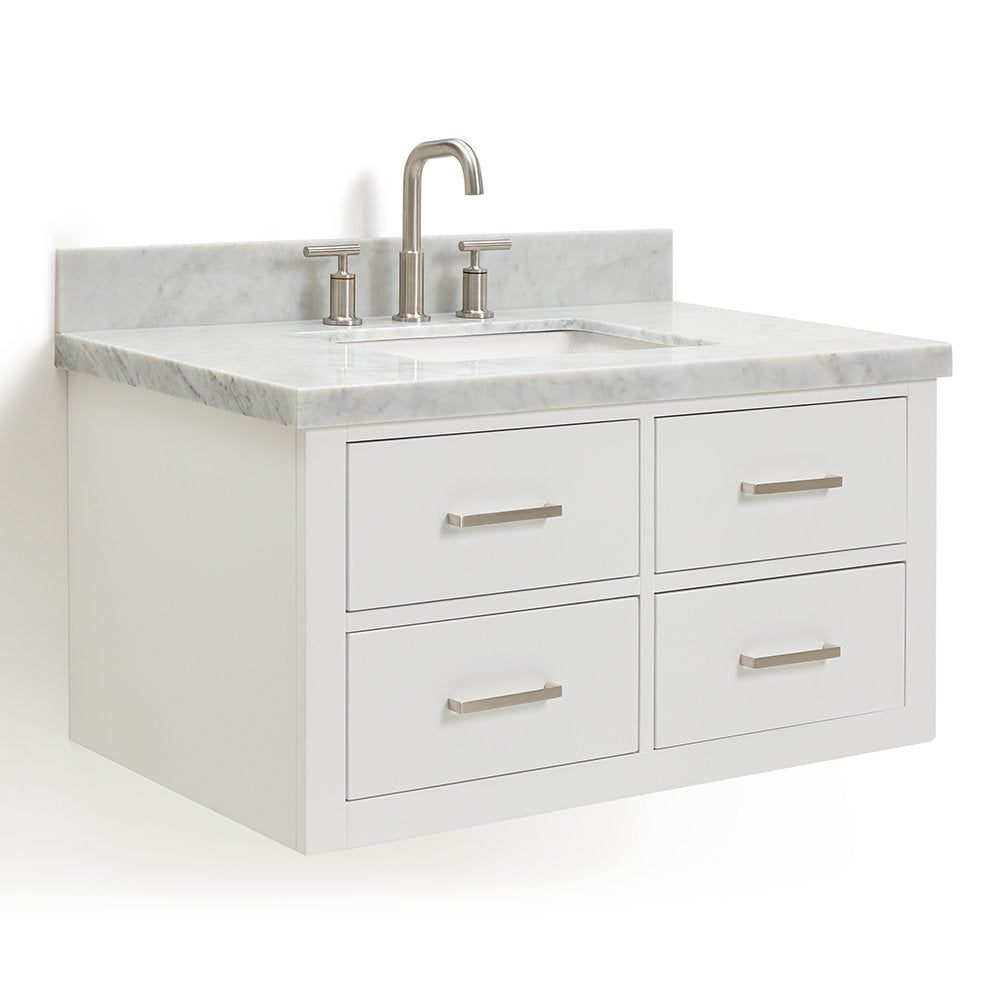 Wall-mounted 37-inch modern single-sink vanity in stone-finish solid wood with a light gray marble top, undermount ceramic sink, and brushed nickel faucet and drawer pulls.