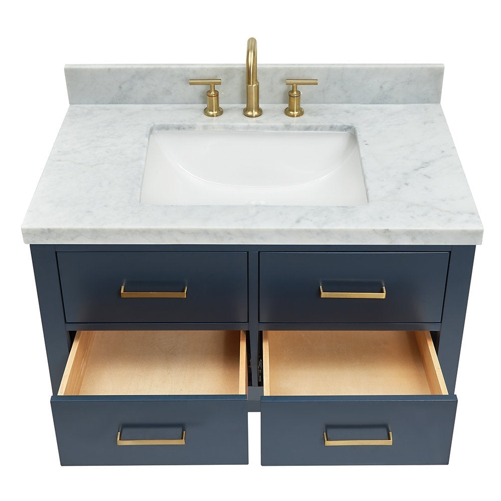 Modern 37-inch solid wood bathroom vanity with stone marble top and white rectangular undermount sink, navy painted cabinet with four drawers (two lower drawers open) and brass faucet with matching bar-pull hardware.