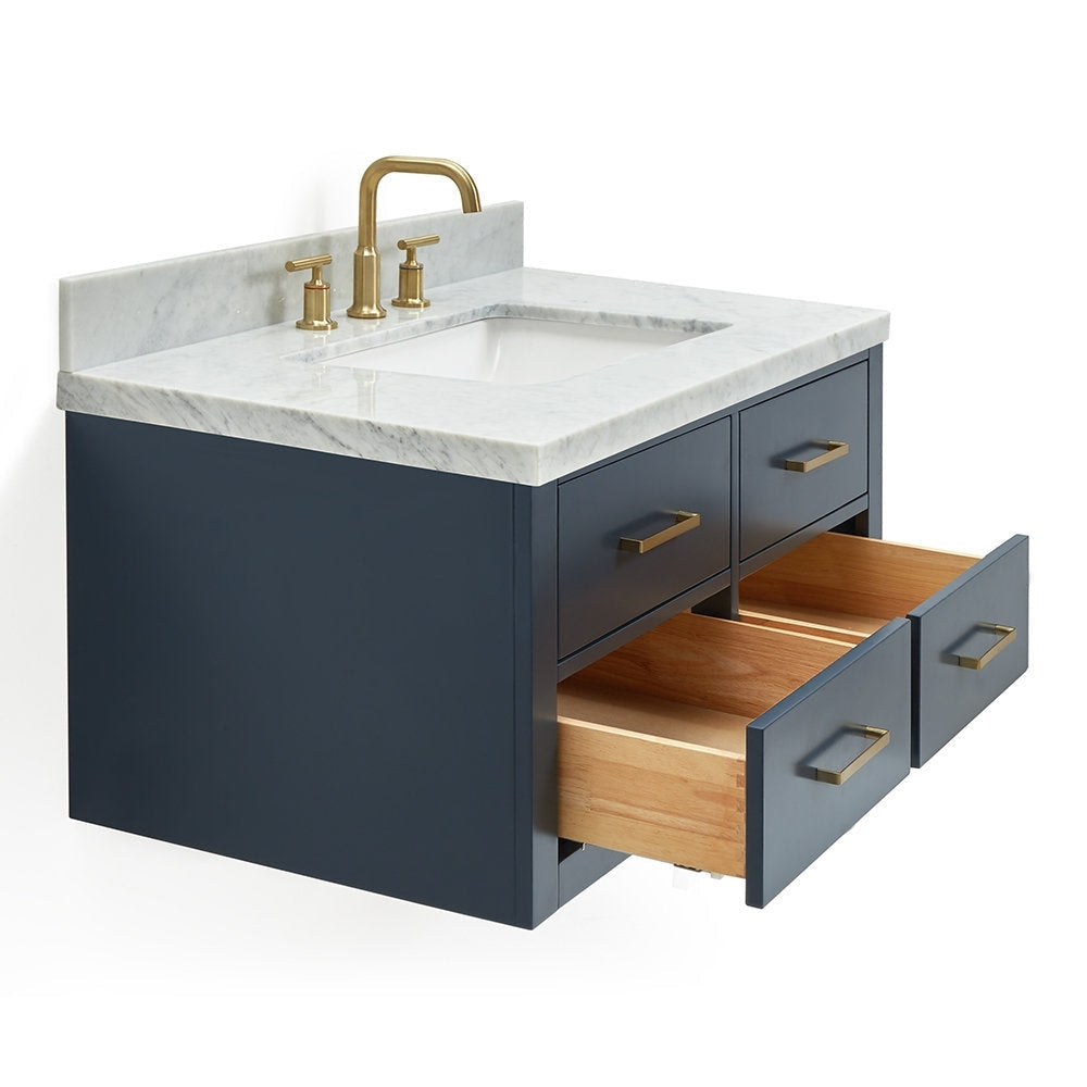 Modern wall-mounted 37-inch single-sink vanity with white stone countertop and integrated ceramic sink, dark painted solid wood base, four drawers showing natural wood interiors, and brass faucet and matching handles.