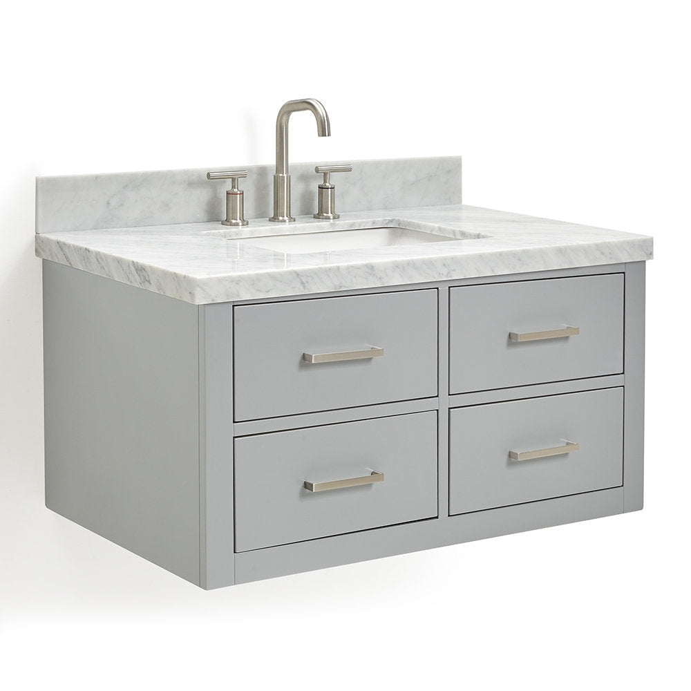 Floating modern gray solid-wood bathroom vanity with a stone countertop and short backsplash, integrated rectangular ceramic sink, brushed-nickel faucet, and four drawers with matching handles.