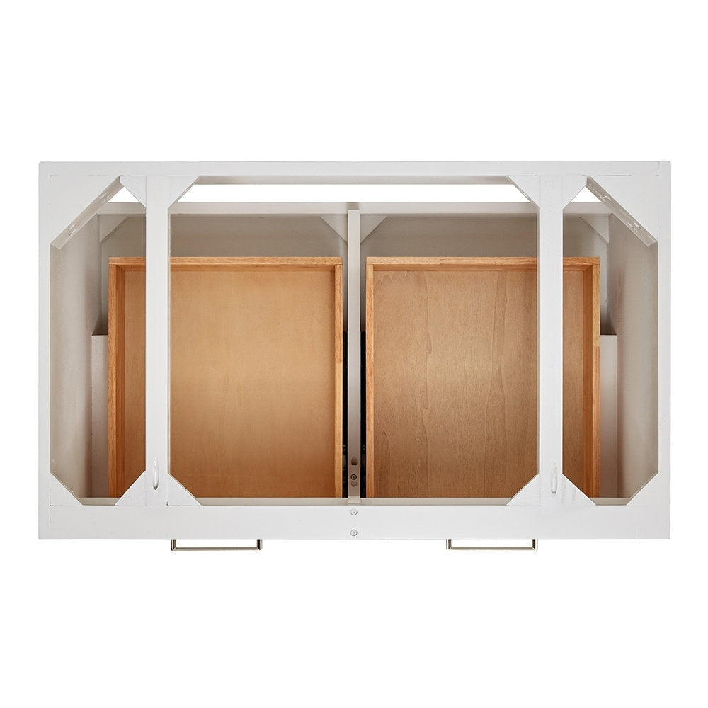 Top-down view of a modern 37-inch bathroom vanity interior showing a white painted wood frame with two natural solid-wood drawer boxes, center divider and two brushed-nickel drawer pulls.