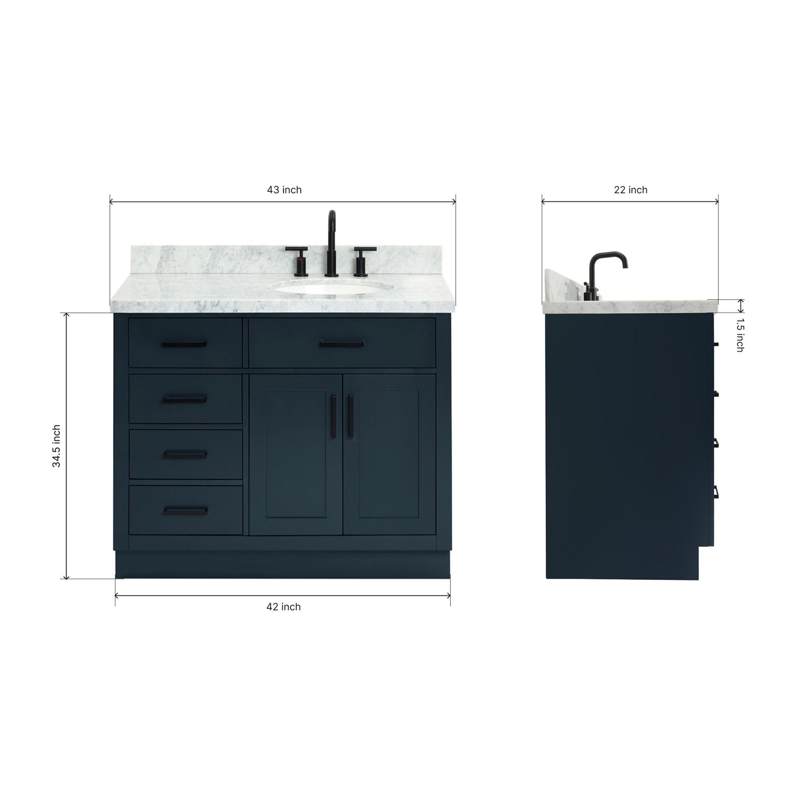 Front and side elevation of a 43-inch modern solid wood bathroom vanity with a stone countertop, single undermount ceramic sink, matte black faucet and hardware, shown with labeled width, depth and height dimensions.