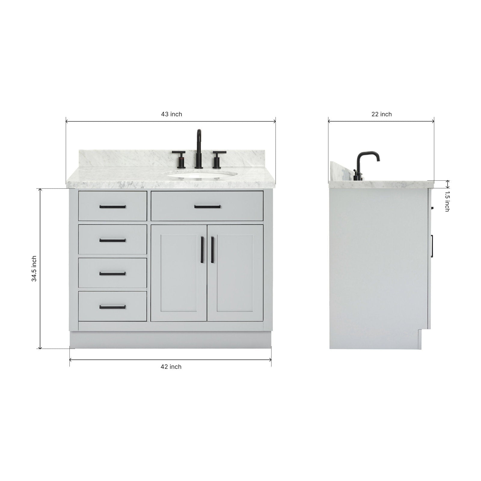 Front and side product image of a 43-inch solid wood bathroom vanity in stone-gray finish with a stone countertop and single undermount ceramic sink, matte black faucet and handles, five drawers and two doors with dimensions shown.