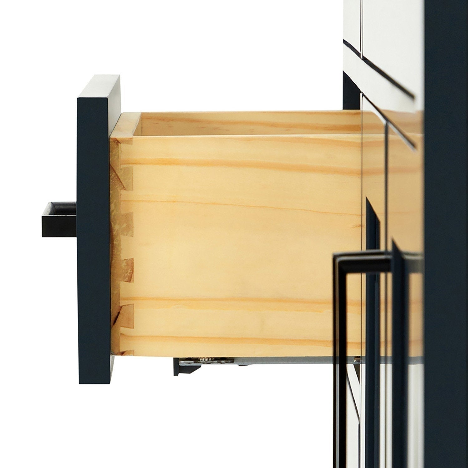 Close-up of an open drawer from a 43-inch modern bathroom vanity showing solid wood interior dovetail joinery, stone-colored front panel with a matte black rectangular handle and visible metal drawer slide.