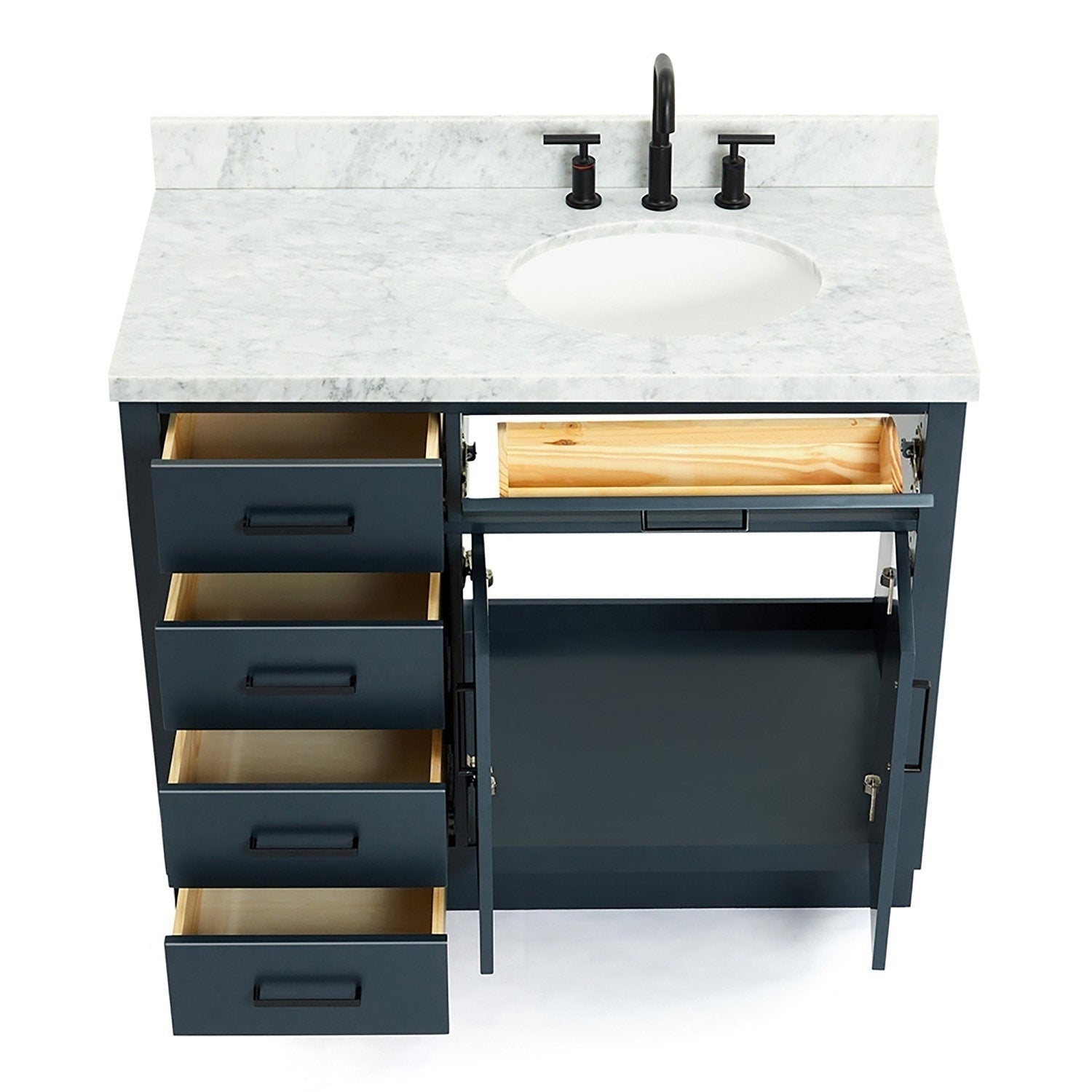Front view of a modern solid wood single-sink bathroom vanity with a stone countertop and round undermount ceramic sink, matte black faucet, four left drawers and an open right cabinet showing natural wood interiors.
