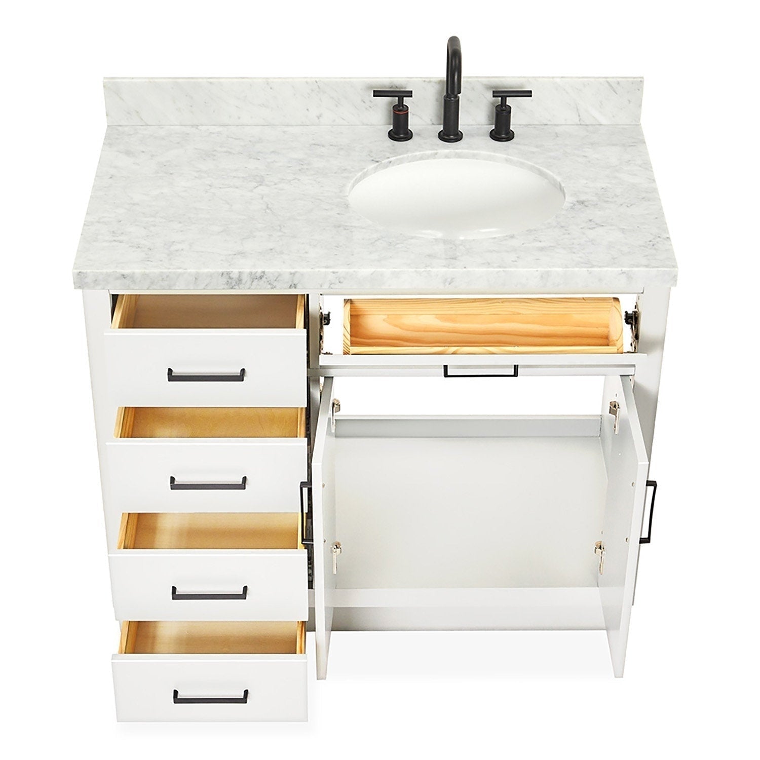 Top-down view of a modern 43-inch solid wood bathroom vanity with a stone marble top, round undermount ceramic sink and matte black faucet; left stack of four white drawers with natural wood interiors and an open right cabinet.