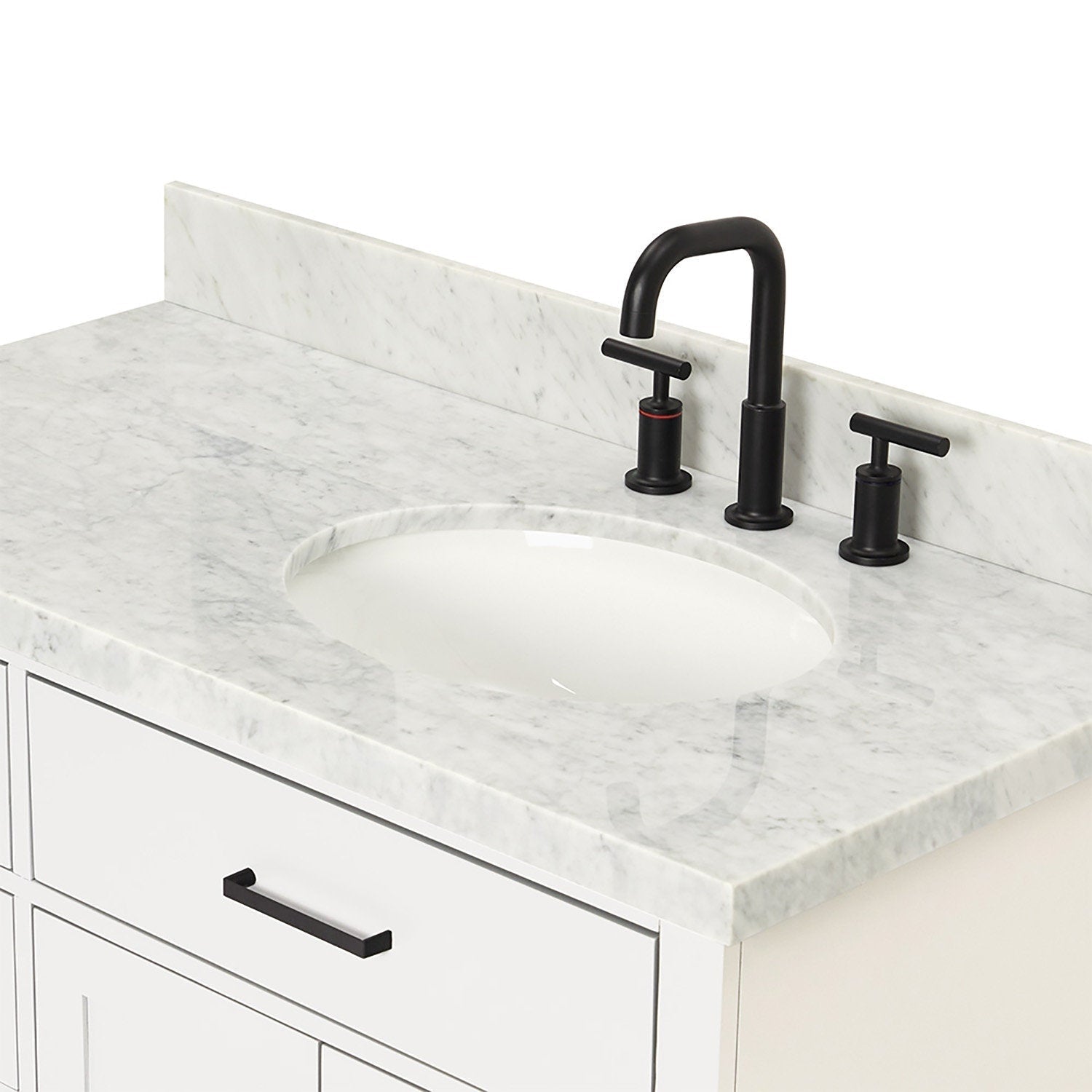 Close-up of a stone countertop with an oval white ceramic undermount sink set into a white solid wood vanity, featuring a matte black three-piece faucet and matching black drawer pull in a modern minimalist style.