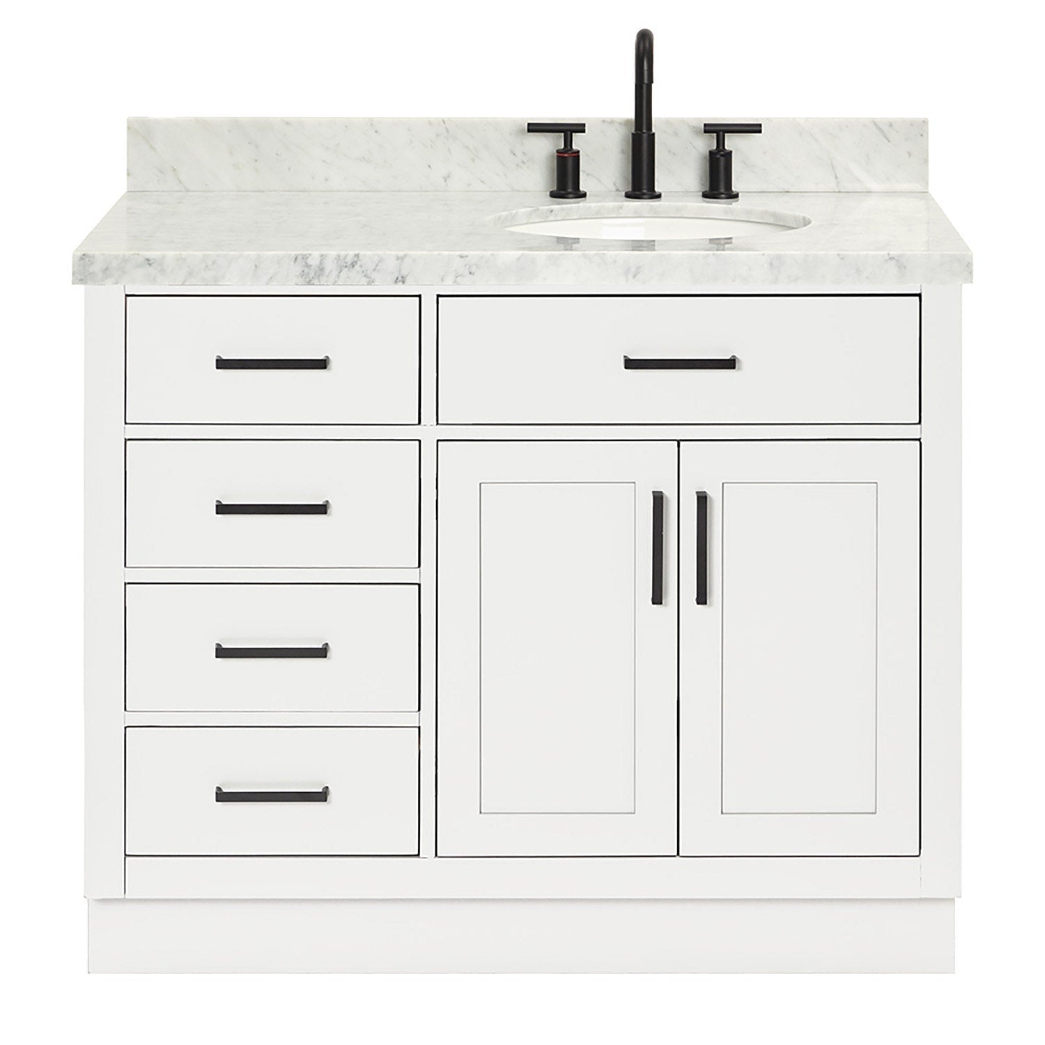 White solid-wood 43-inch freestanding bathroom vanity with a stone countertop, oval undermount ceramic sink, matte black widespread faucet, black bar pulls, left stacked drawers and right double-door cabinet.