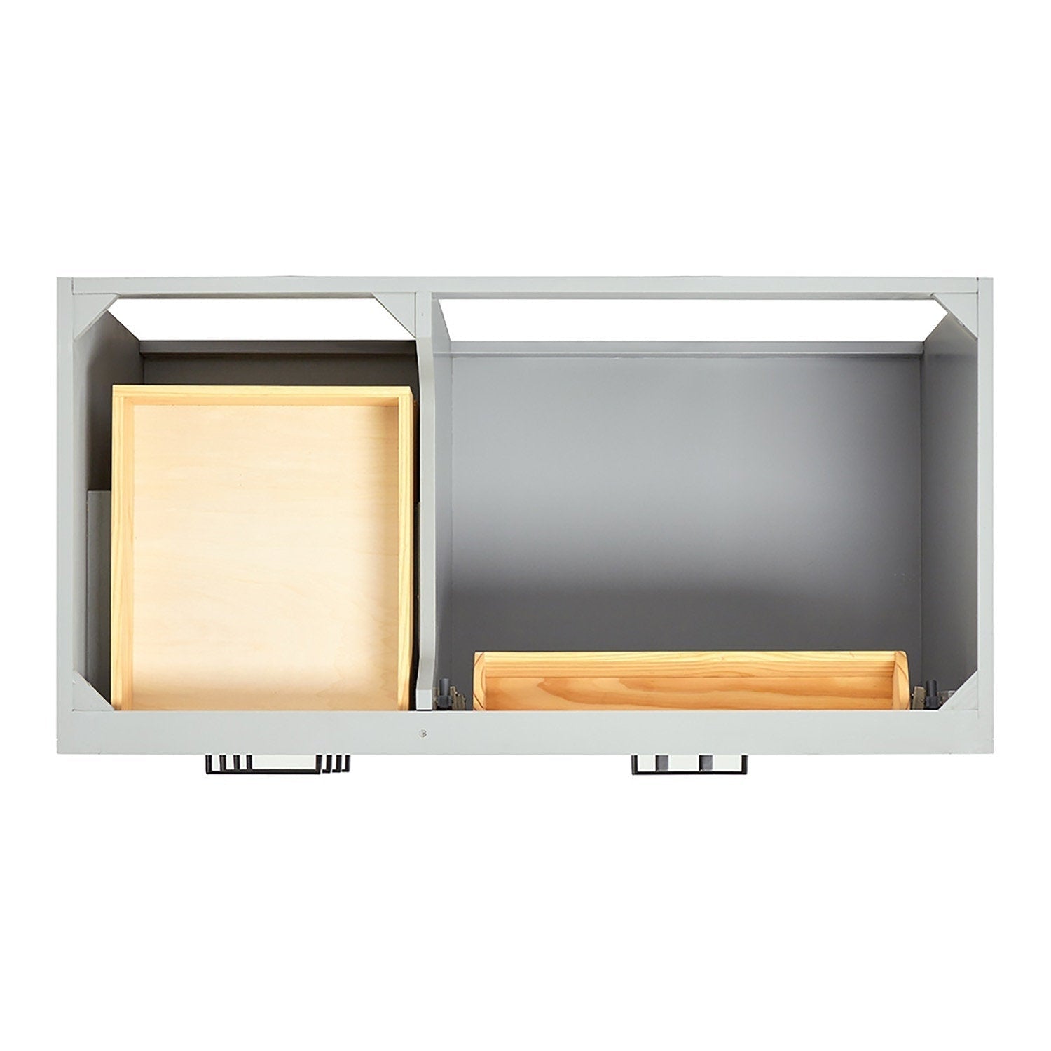 Top-down view of a stone-colored, modern bathroom vanity interior showing two solid wood drawer boxes, grey painted cabinet walls, black metal handles and visible drawer slides highlighting storage layout.