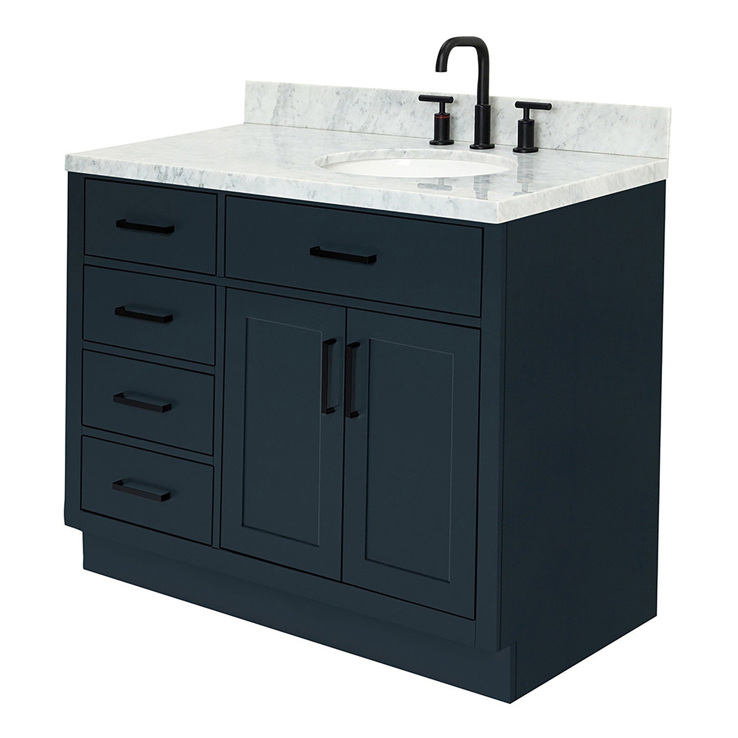 43-inch freestanding modern bathroom vanity with stone top and solid wood base in a dark finish, ceramic undermount sink, matte black faucet and hardware, four drawers and two-door storage.