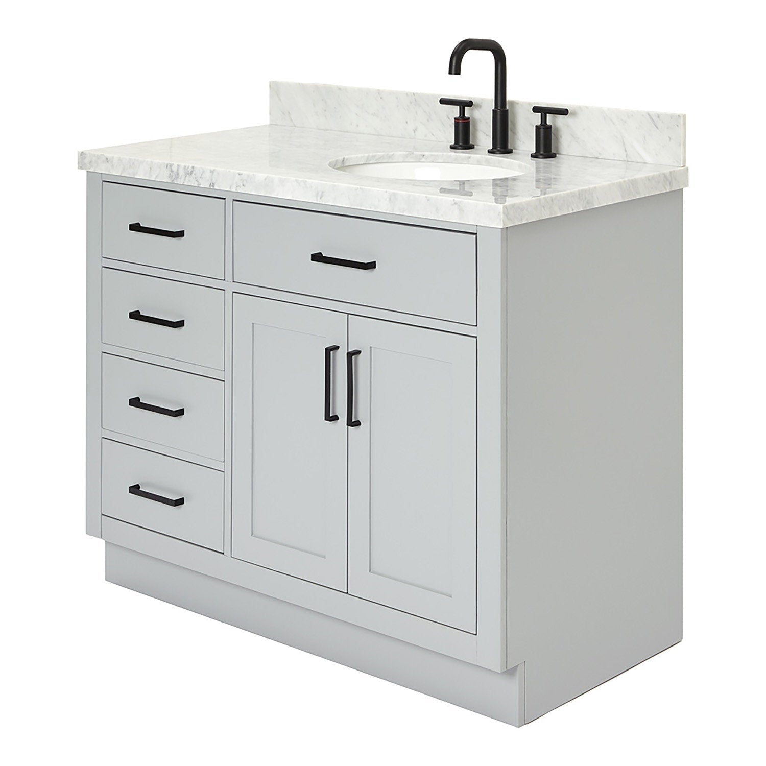 43-inch single-sink solid wood bathroom vanity in a stone gray finish with a marble-look stone countertop and backsplash, white ceramic undermount sink, matte black faucet, and black drawer and door pulls.