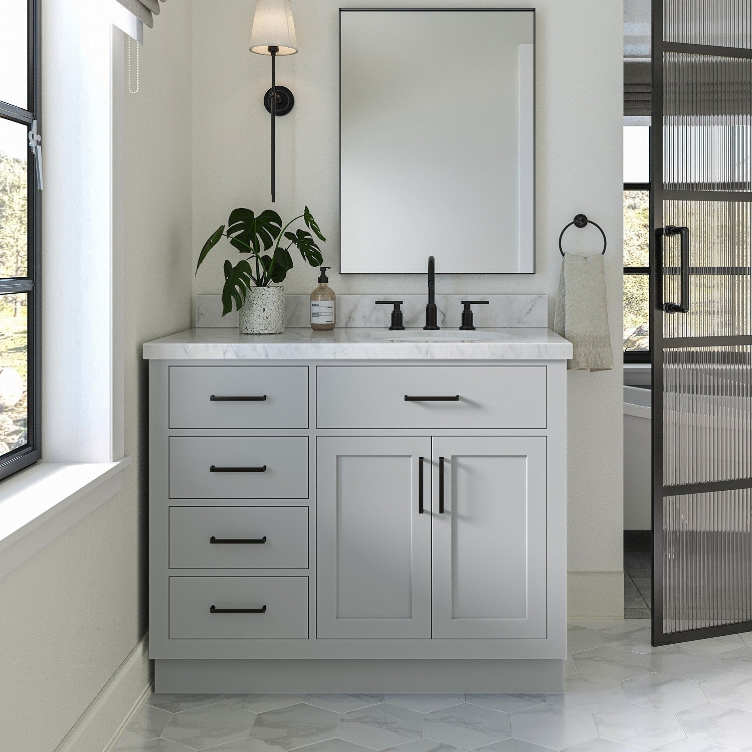 Freestanding 43-inch modern solid wood bathroom vanity in stone finish with white stone countertop, ceramic single sink, matte-black widespread faucet and hardware, four drawers and double-door cabinet under a rectangular mirror.