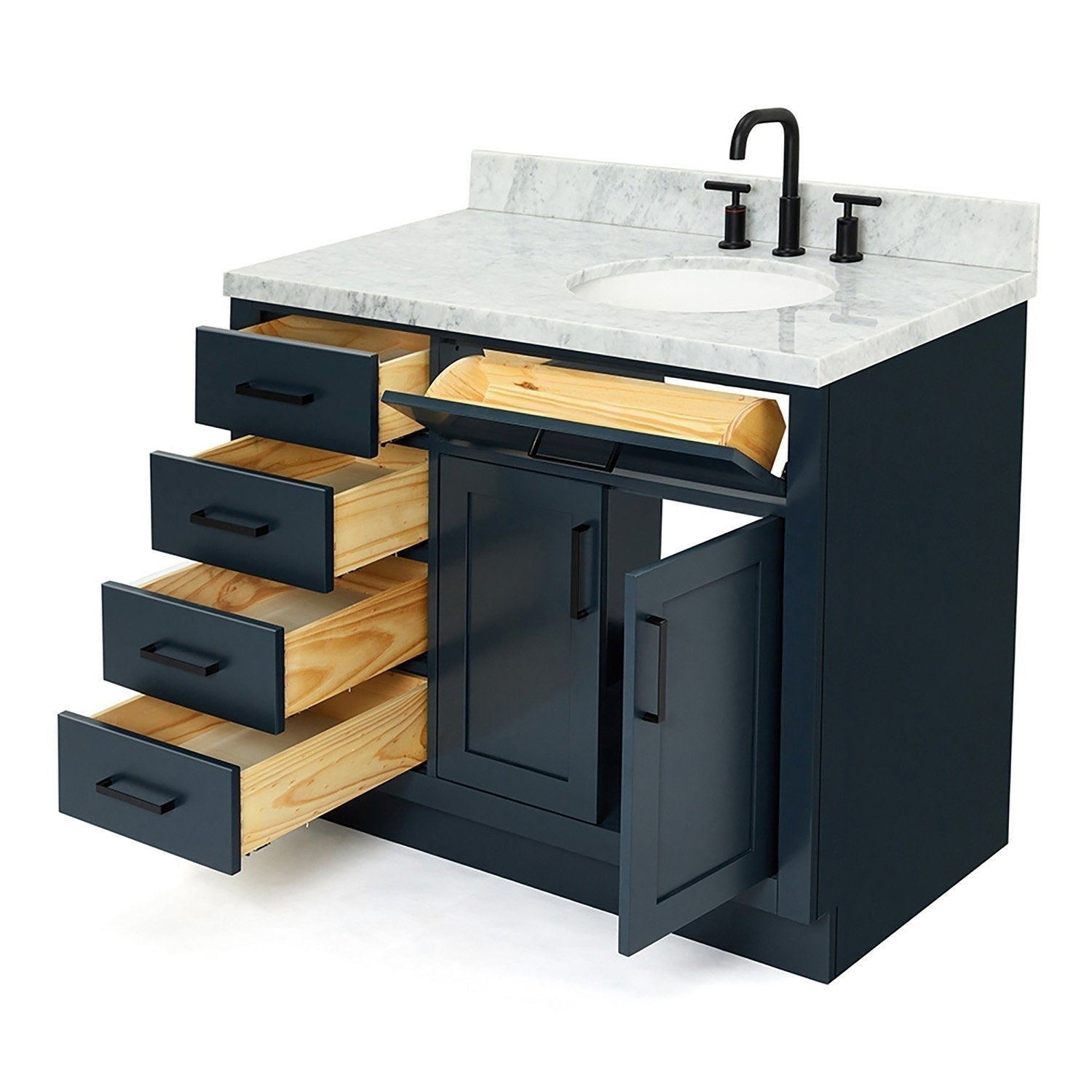 Modern 43-inch solid wood bathroom vanity in stone finish with marble-look stone top, single undermount sink, matte black faucet, and open drawers and cabinet revealing natural wood interiors.