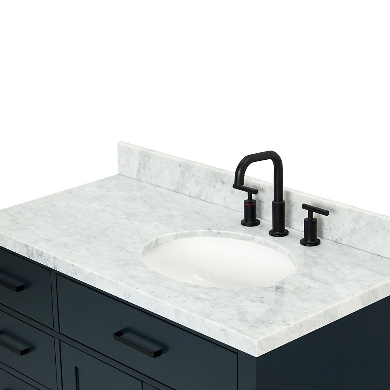 Modern 43-inch solid wood bathroom vanity with white stone countertop and low stone backsplash, oval undermount ceramic sink and matte black three-piece faucet with matching black drawer pulls on a dark wood base.