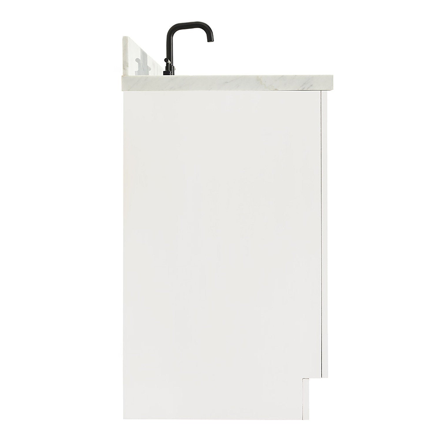 Side view of a 43-inch modern solid wood bathroom vanity in stone finish, showing its stone countertop with short backsplash and a matte black single-handle faucet.