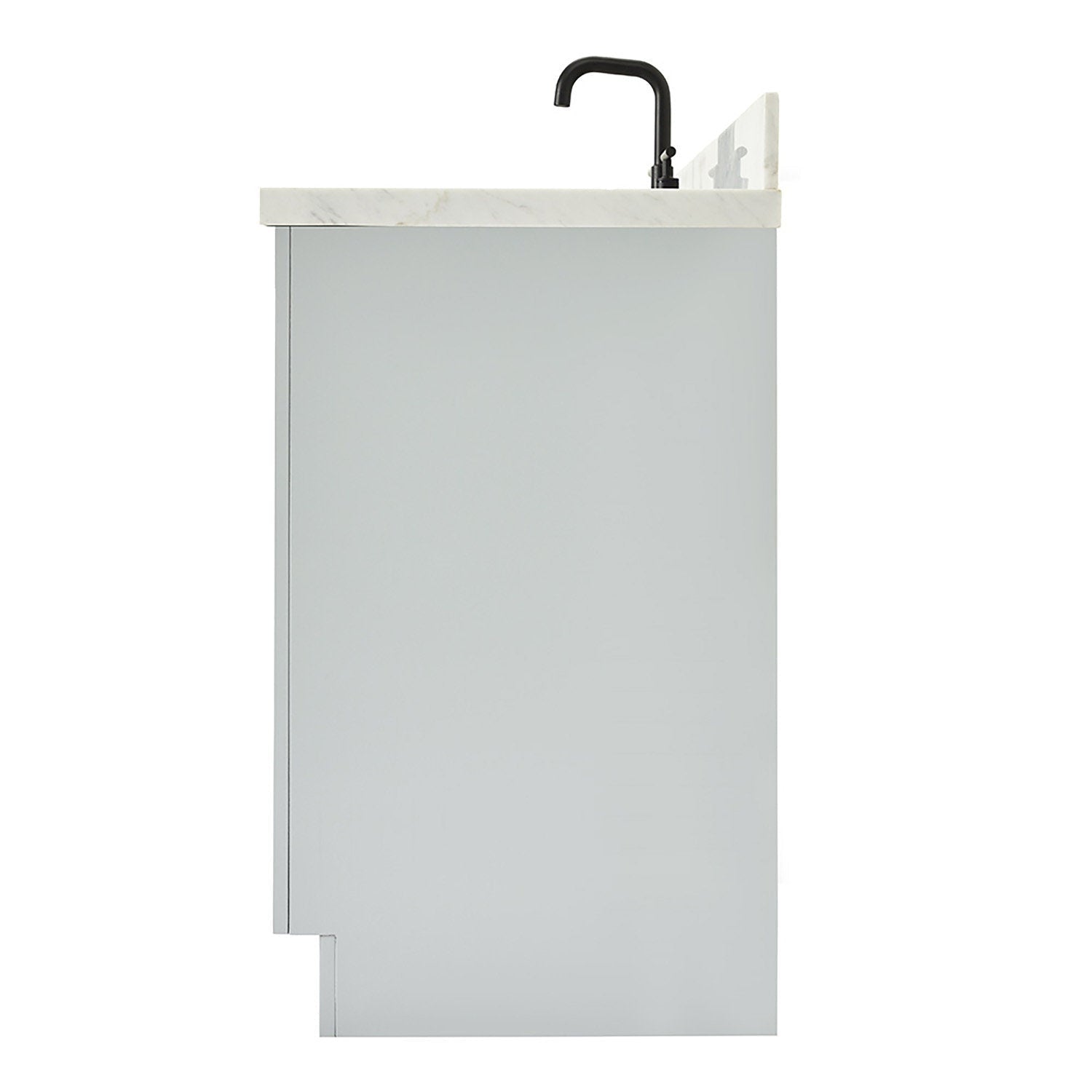 Side profile of a modern 43-inch stone-colored solid wood bathroom vanity showing a white stone countertop with a black faucet at the rear and a recessed base for freestanding installation.