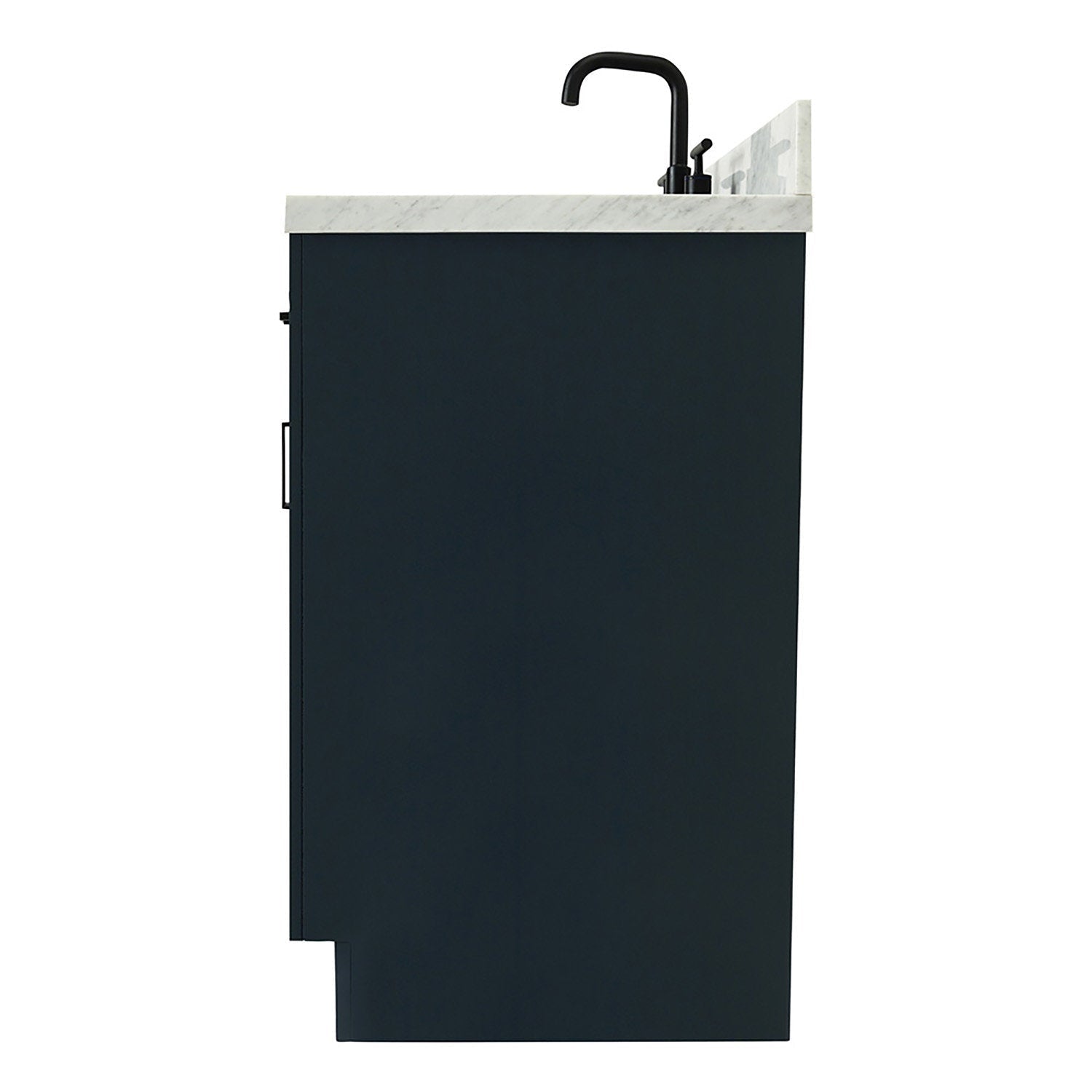 Side view of a 43-inch modern solid wood bathroom vanity with a white stone countertop and backsplash, dark painted wood base, and matte black single-handle faucet.
