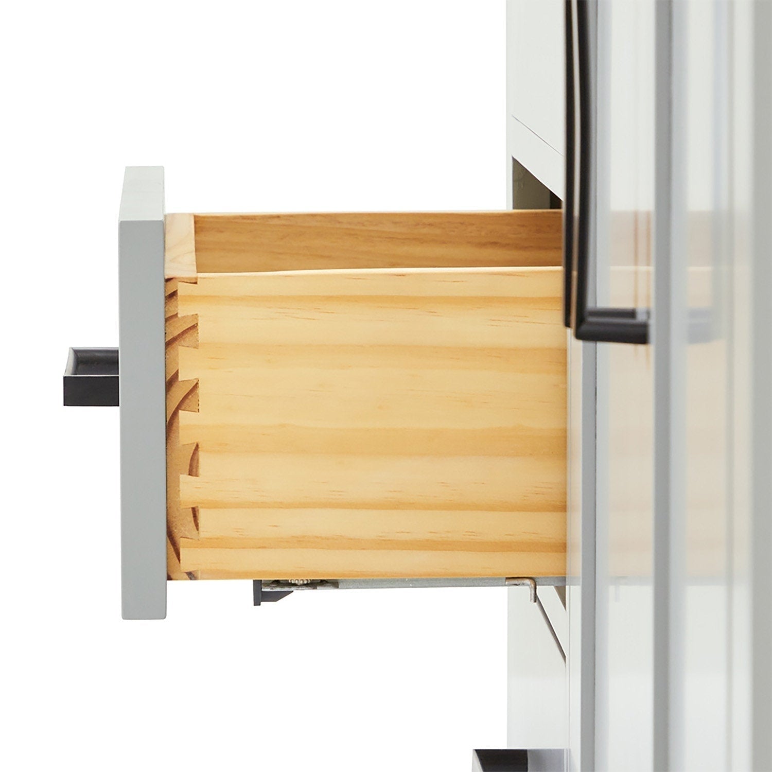 Close-up side view of an open solid wood vanity drawer with visible dovetail joints, stone-gray painted front and black metal pull, showing the metal soft-close slide on a modern contemporary bathroom vanity.