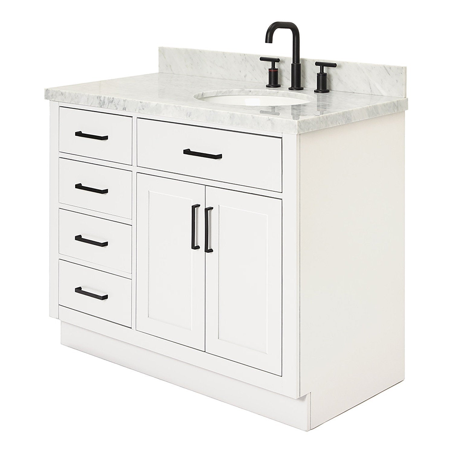 43-inch freestanding solid wood bathroom vanity in white with a stone marble-look countertop, undermount ceramic sink, matte black faucet and black handles, five side drawers and a two-door cabinet for storage.