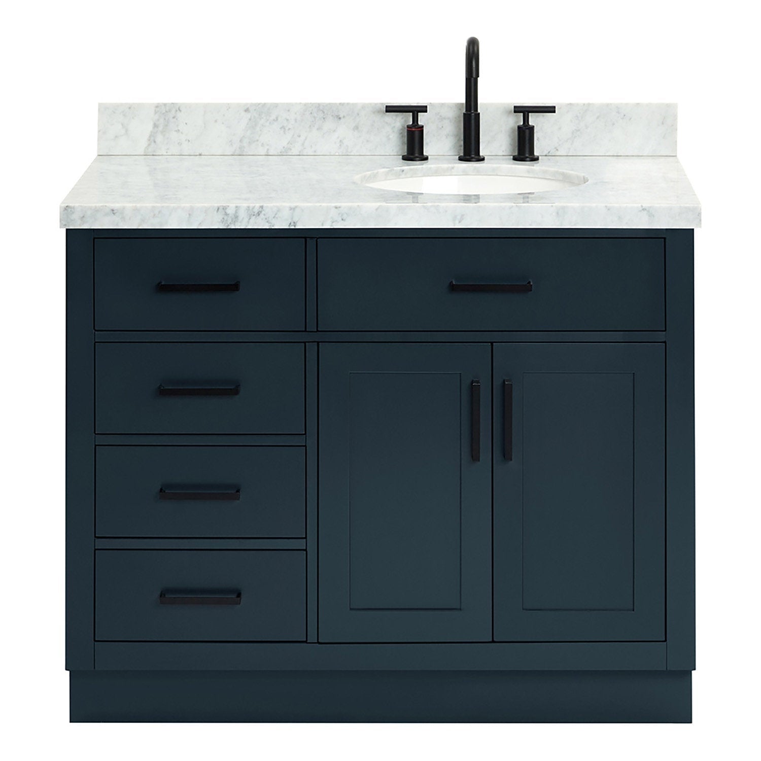 43-inch freestanding modern solid wood bathroom vanity with a stone countertop, undermount white ceramic sink, matte black faucet and black hardware, dark painted wood base with two doors and four drawers for storage.