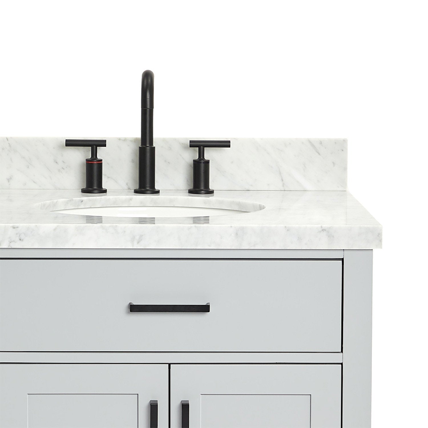 Close-up of a modern 43-inch solid wood bathroom vanity in stone gray with a white stone countertop and backsplash, oval undermount ceramic sink, matte black three-piece faucet, and black drawer and cabinet hardware.