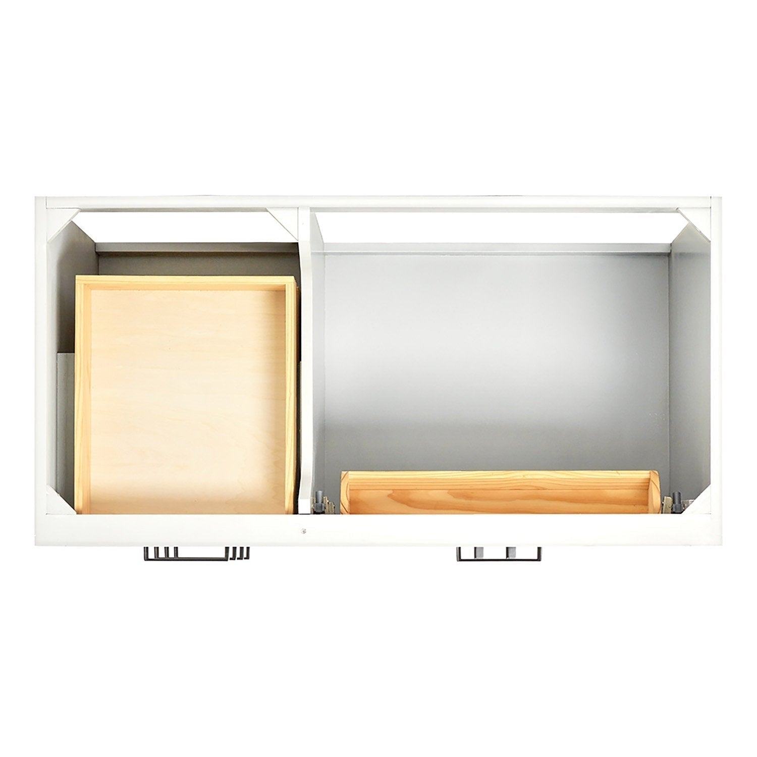 Top-down view of a stone-colored modern bathroom vanity interior with two compartments: a tall solid-wood drawer box on the left and a shallow wooden tray on the right, white frame and metal pull handles visible at front.