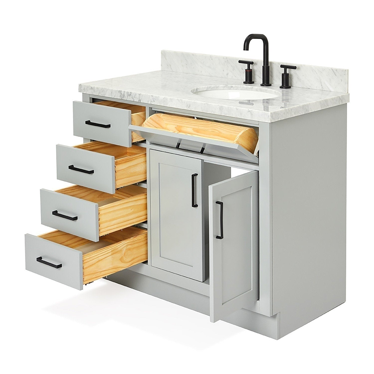 43-inch modern solid wood bathroom vanity in stone finish with a stone countertop and backsplash, round ceramic undermount sink, matte-black faucet and hardware; left drawers and center cabinet open to show natural wood interiors.
