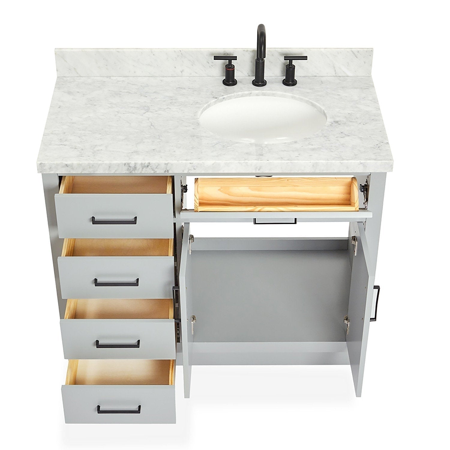 Top-down view of a modern solid wood 43-inch bathroom vanity in stone finish with a marble-look stone top, white undermount ceramic sink, matte-black faucet and pulls, left drawers and right cabinet open showing natural wood interiors.