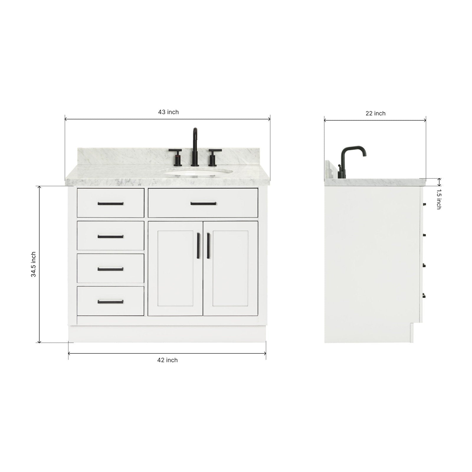 Front and side product views of a 43-inch modern solid wood bathroom vanity with a stone countertop, single undermount ceramic sink, white cabinet, black faucet and drawer pulls, shown with width/depth/height dimension lines.
